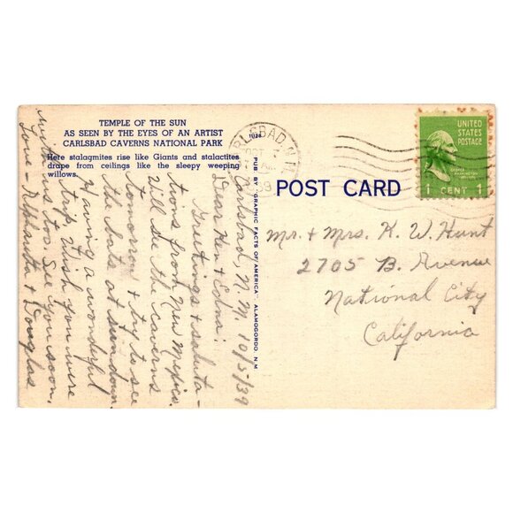 Carlsbad Caverns National Park Vintage 1939 Postcard Temple The Sun Stalactites - Picture 2 of 2